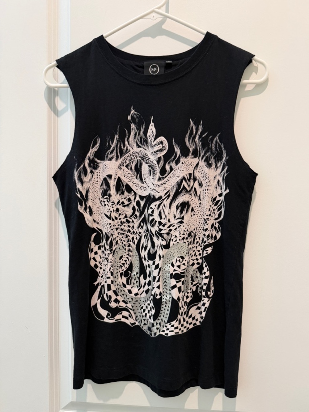 McQ Alexander McQueen Black Tank Top with White Snake Flame Graphic